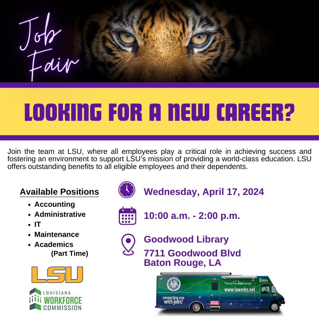 Are you seeking a new profession? We are partnering with @LSU for a #JobFair at Goodwood Library from 10 AM - 2 PM. The university has available Accounting, Administrative, IT, Maintenance, and Academics (part-time) positions. Join us! #LAWorks #LouisianaWorks