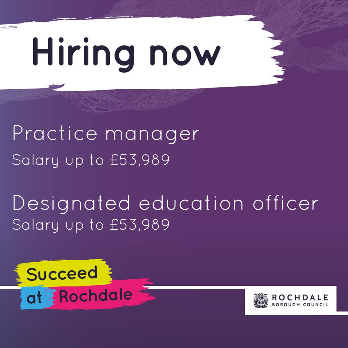 📣 We are looking for two amazing people:

Practice manager 👨‍👨‍👧‍👦
✅Closes: 14 April 2024
To apply ▶️ ow.ly/XN6G50RaHpl

Designated Education officer 🏫
✅Closes: 21 April 2024
To apply ▶️ ow.ly/9y8550RaHpm

It's a fantastic time to work in Rochdale!

#SucceedAtRochdale