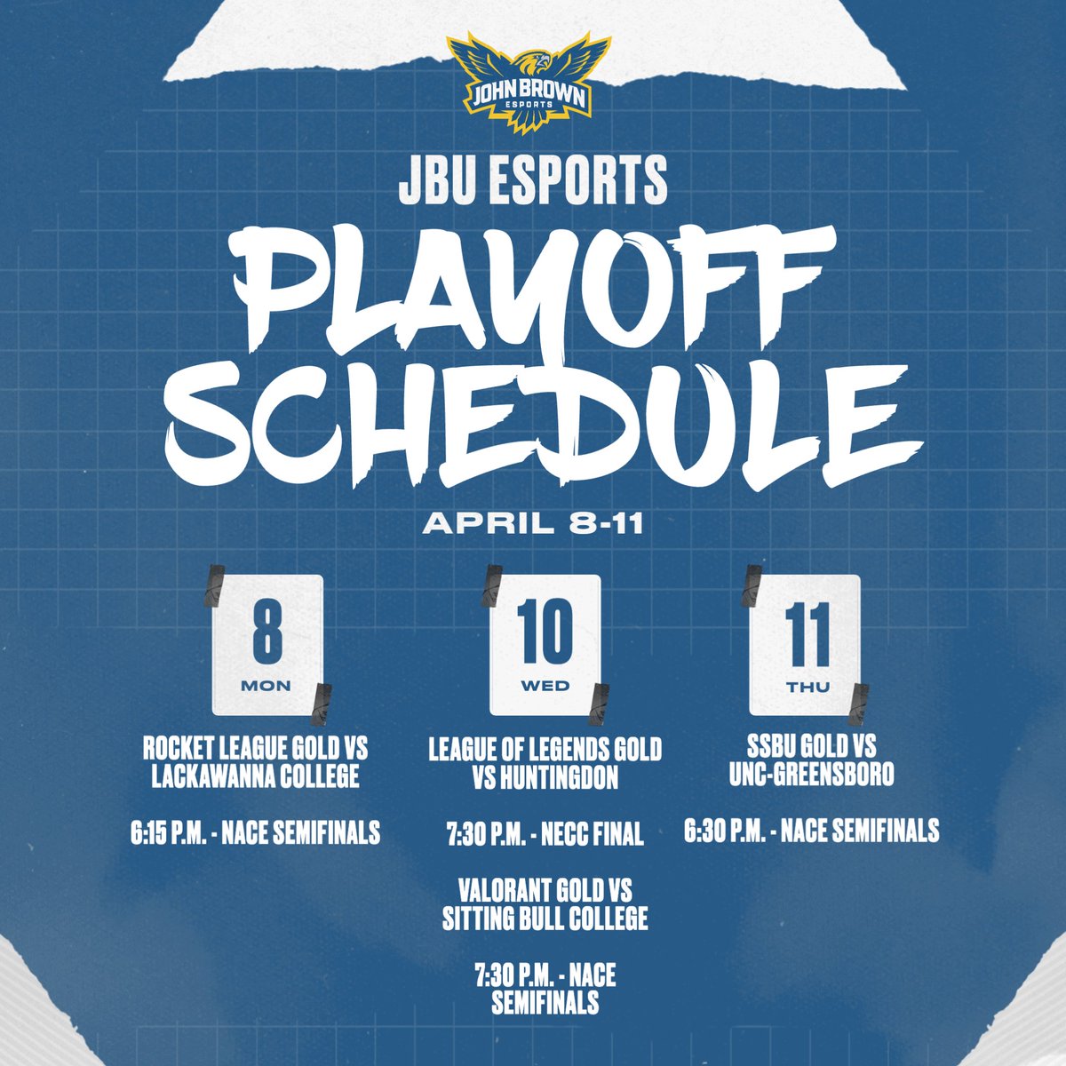 🗣️PLAYOFFS ON DECK THIS WEEK

One NECC final and three NACE semifinals! See you in the arena or online at twitch.tv/jbuesports.