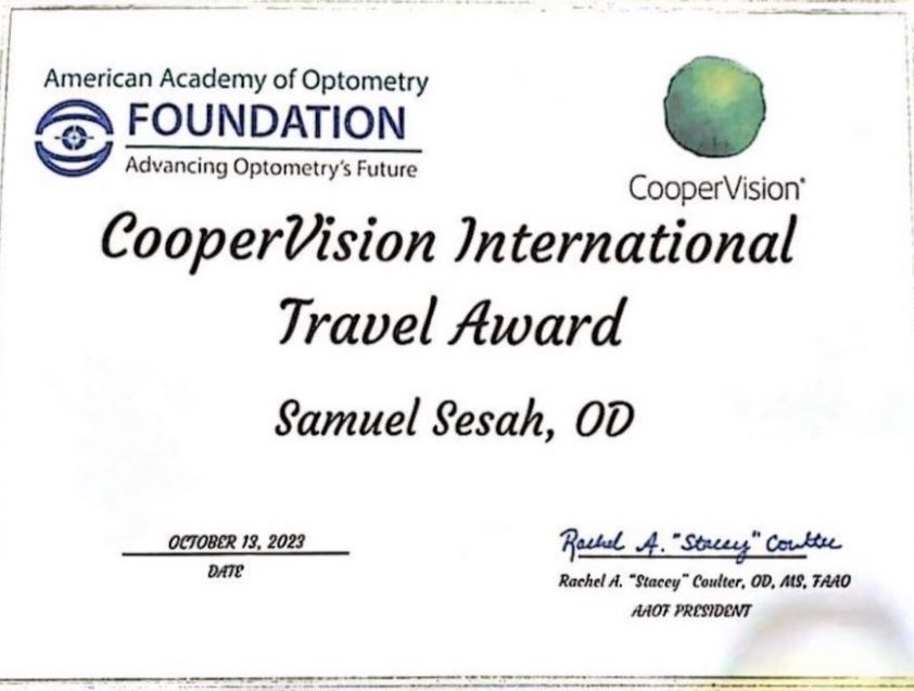 📍📍JUST IN📍📍 Dr. Samuel Sesah, former KNUST SRC President and an alumnus of KNUST has been awarded a CooperVision International Travel Grant to attend an annual conference of the American Academy of Optometry in Indianapolis, USA 🇺🇸. ⭐️⭐️⭐️