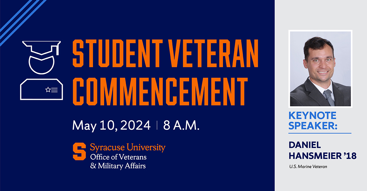 Celebrate our 2024 student veteran graduates at the OVMA Commencement!🍊 Hear from keynote speaker Dan Hansmeier '18, @USMC veteran, and join us for a reception in the Bisignano Grand Hall. Don't miss this tribute to our students' dedication and success! cusecommunity.syr.edu/s/1632/17/inte…