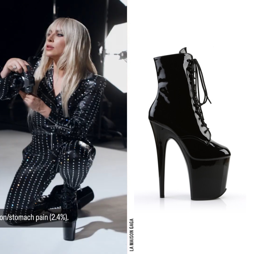 Lady Gaga is the star of @NurtecODT's newest campaign, wearing a custom @TopoStudio_NY crystal-studded black leather biker jumpsuit and the @Pleaser_Shoes 'Flamingo-1020' platform boots!