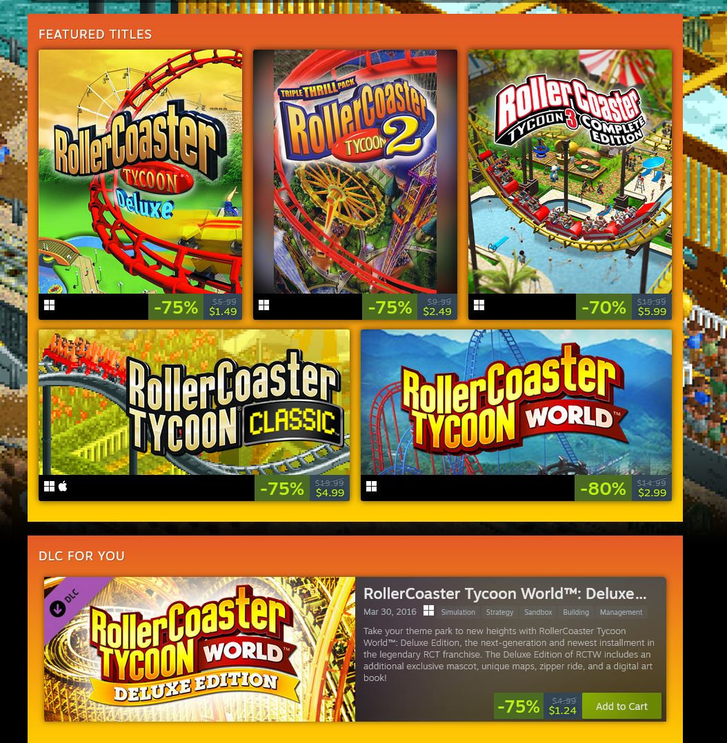 (PCDD) RollerCoaster Tycoon Franchise sale via Steam. ow.ly/9zrg50RaK4b