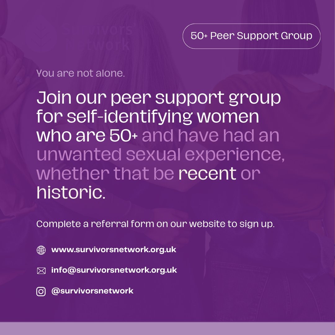 Did you know that we have a focused peer support group for survivors who are 50+. 💜 A space to share your experiences and support one another. 💜 Tap the link to complete a referral form to get more details. 💜 dpmscloud.com/external/refer…