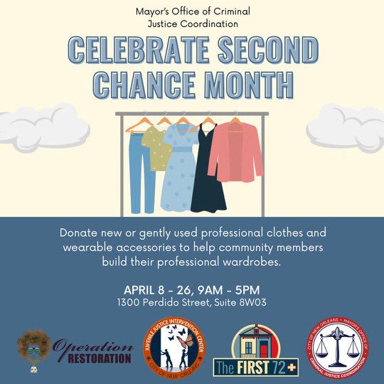 In support of Second Chance Month, the Office of Criminal Justice Coordination is partnering with Operation Restoration, The First 72+, and the Juvenile Justice Intervention Center to support their clients and young people in custody by collecting the following items: