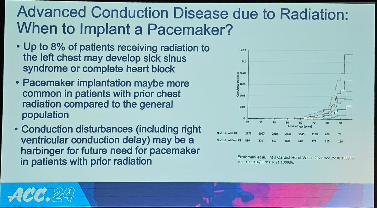 More on Bradycardia: 🫀In pts with myocarditis, treat it, and the Brady will usually resolve. Treat with steroids EARLY. 🫀Patients with prior chest radiation may be more likely to get PPMs for sick sinus syndrome. #ACC24