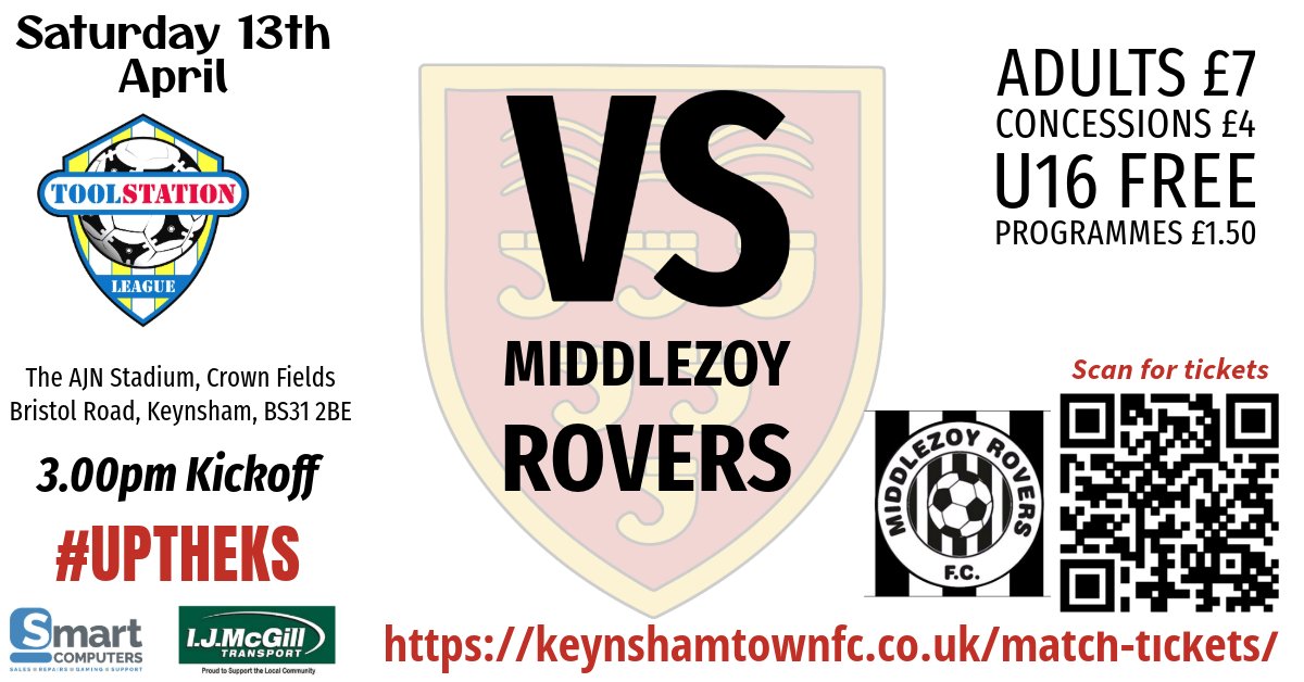🎟️Buy your matchday tickets for our next home game🆚@middlezoyrovers on Saturday 13th April from keynshamtownfc.co.uk/match-tickets/
