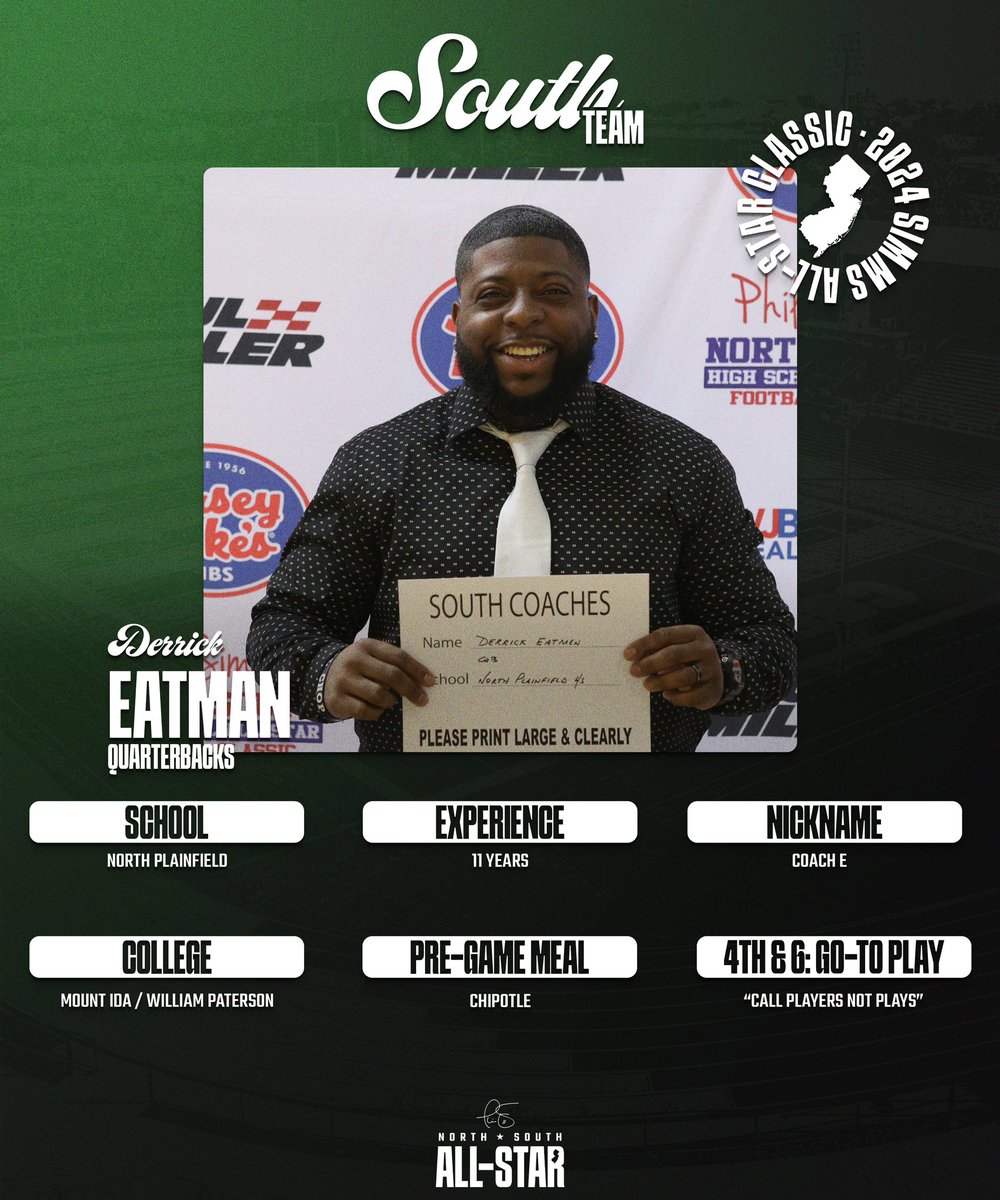 Phil Simms North South All-Star (@psimmsnosogame) on Twitter photo Meet the team: Coming in to work with the quarterbacks is North Plainfield HC, Derek Eatman. Eatman has been with the program for two years. A former QB standout himself, Eatman has seen a ton of success playing at South Plainfield and looks to replicate that in this year’s game! Meet the team: Coming in to work with the quarterbacks is North Plainfield HC, Derek Eatman. Eatman has been with the program for two years. A former QB standout himself, Eatman has seen a ton of success playing at South Plainfield and looks to replicate that in this year’s game!