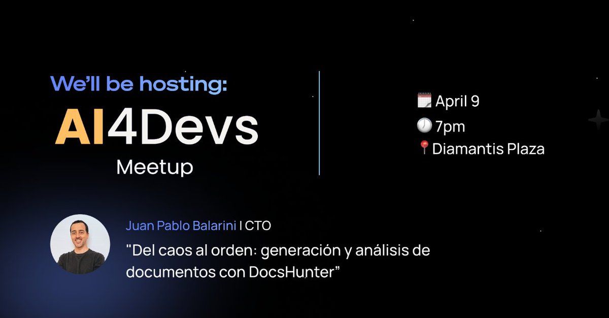 🎉 Join us for the upcoming AI4Devs Meetup, a casual gathering for industry experts and enthusiasts! 🔍 JP, our CTO, will unveil his latest AI development, 'DocsHunter,' a product focusing on document management. 📍Montevideo See you there! meetup.com/ai-for-devs-mo…