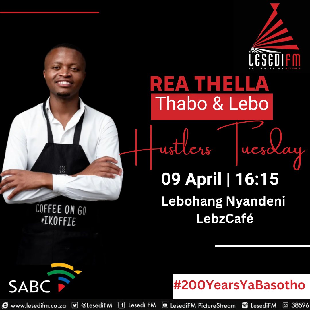 Tomorrow on #ReaThella Afternoon Drive with Thabo Mokone & Lebo Maoela, I will be joining them live for The Hustlers Tuesday segment. Tune in to catch me on the show. Super excited about this one! 🤓🙏🏽☕️ 🌐: bit.ly/3JmKYxO Mamela Radio! #200YearsYaBasotho