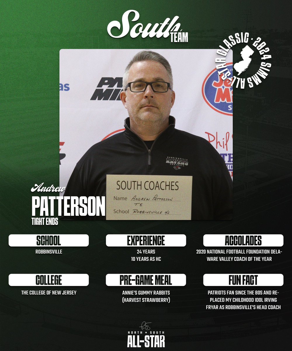 Phil Simms North South All-Star (@psimmsnosogame) on Twitter photo Meet the team: Coach Andrew Patterson is heading the TE group at this years all star game. With 24 years of experience, Coach Patterson has seen great success on the field and was named the 2020 Delaware Valley Coach of the Year. Meet the team: Coach Andrew Patterson is heading the TE group at this years all star game. With 24 years of experience, Coach Patterson has seen great success on the field and was named the 2020 Delaware Valley Coach of the Year.
