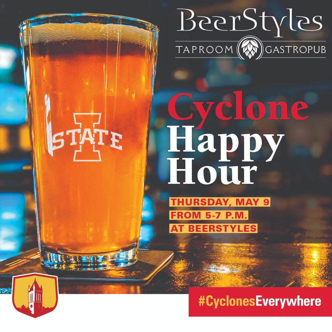 See you for a DSM Cyclone Happy Hour at @BeerStylesWDM on May 9! Hosted by your ISU Alumni Association, Iowa Staters from across the DSM metro will be showing up for drinks and food at this popular taproom and gastropub. 𝗥𝗘𝗚𝗜𝗦𝗧𝗘𝗥 𝗧𝗢𝗗𝗔𝗬 isualum.org/s/565/20/inter…