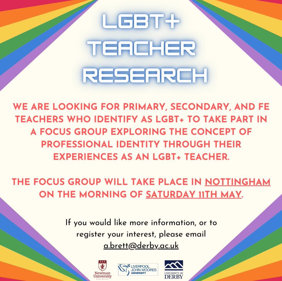 Please get in touch if you’re interested in taking part in some research between Liverpool John Moores University, Birmingham Newman University and the University of Derby! ✨ @AislingCulshaw @DrAdamBrett #LGBTQ #Research