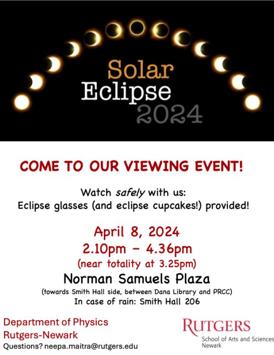 Join us and @PhysicsRutgers for a Solar Eclipse 2024 viewing event! 🕶️☄️🌑 ⚠️REMEMBER: You must watch safely with eclipse glasses (provided, as supplies last) 🕐📍See you today between 2:10PM - 4:36PM (near totality at 3:25PM) on Norman Samuels Plaza