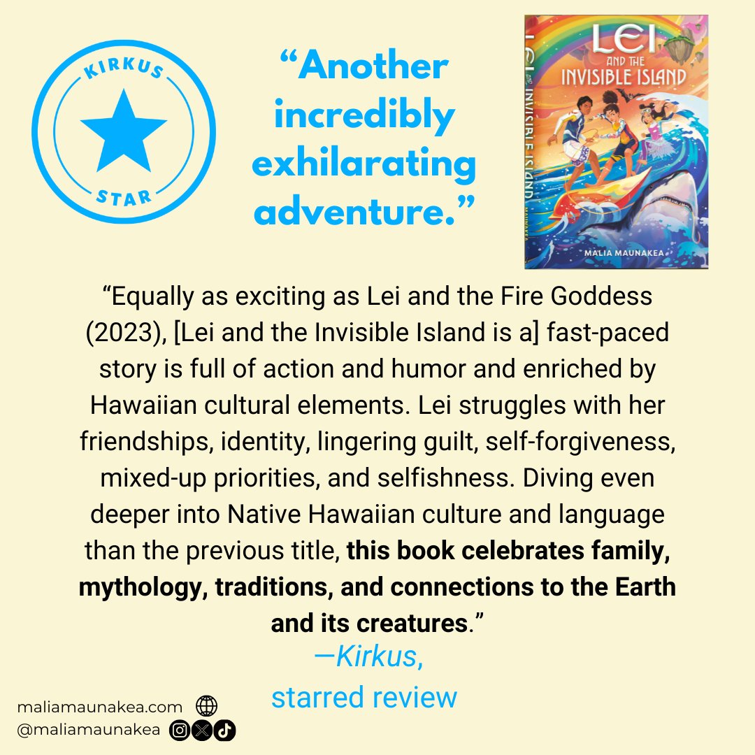 Malia Maunakea (@maliamaunakea) on Twitter photo ⭐️Mahalo for another STAR <a href="/KirkusReviews/">Kirkus Reviews</a> !
So glad that you enjoyed LEI AND THE INVISIBLE ISLAND!
Folks—consider pre-ordering this Hawaiian-legend infused adventure about friendship, forgiveness, and finding our place today. It'll be a lovely surprise when it arrives in June!🥳 ⭐️Mahalo for another STAR <a href="/KirkusReviews/">Kirkus Reviews</a> !
So glad that you enjoyed LEI AND THE INVISIBLE ISLAND!
Folks—consider pre-ordering this Hawaiian-legend infused adventure about friendship, forgiveness, and finding our place today. It'll be a lovely surprise when it arrives in June!🥳