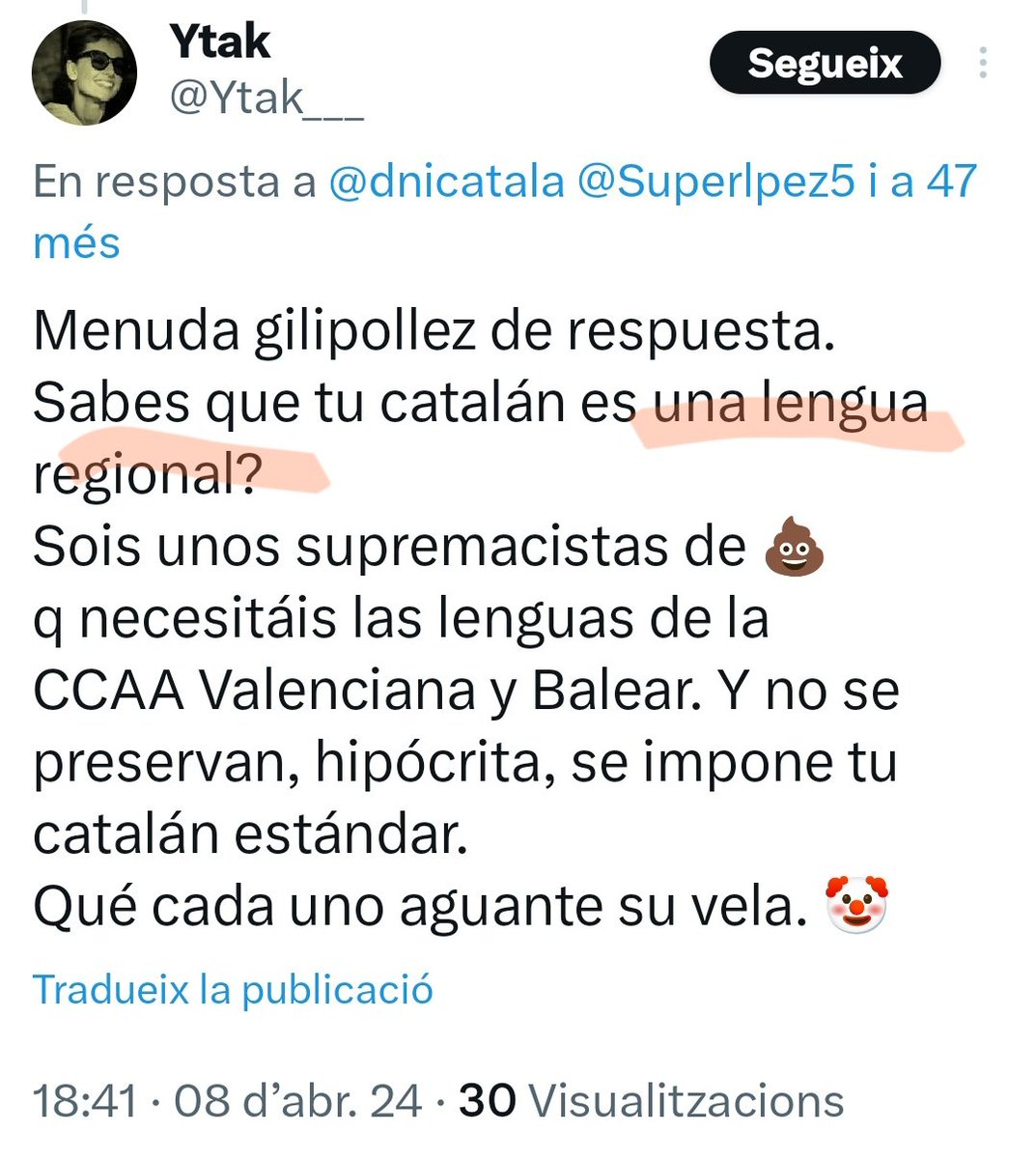 @Ytak___ @dnicatala @FENIXNEMO @Jordi_csb @DanielRodOrd @teuavlc @Jordi_Ferrer @TomasPrez @Crateroccator @JaviLin63 @vlc_JI @taberenc @maleser23 @MarcKlein_ @Juan_Acosta_Gar @reburbujo @Gracelandered @sara_yani @RBerenguerIII @Gaditanoalegre @_INDEPEStilence @moralanova @ACV___ @miguelsebir @EugeniLluis @Juanma_Saez @lovenjaire @gatetemandarino @Chat65761450 @pepetmovil @JoanAntoniMateu @FerranAntaquera @elLLOP9 @casicasipi @AlfonsoIXLeon @frumentums @ManuelC14880915 @Trevor21071975 @Jorge80588879 @TrevorW7102157 @CatalaAlExili @Sergisaju @carmona7jaen @jarchacor @MiawBot_ @Xrepublica1 @CarlosRosRV @_OscarRueda_ @UtrillasPilar Qui parla de supremacisme.....