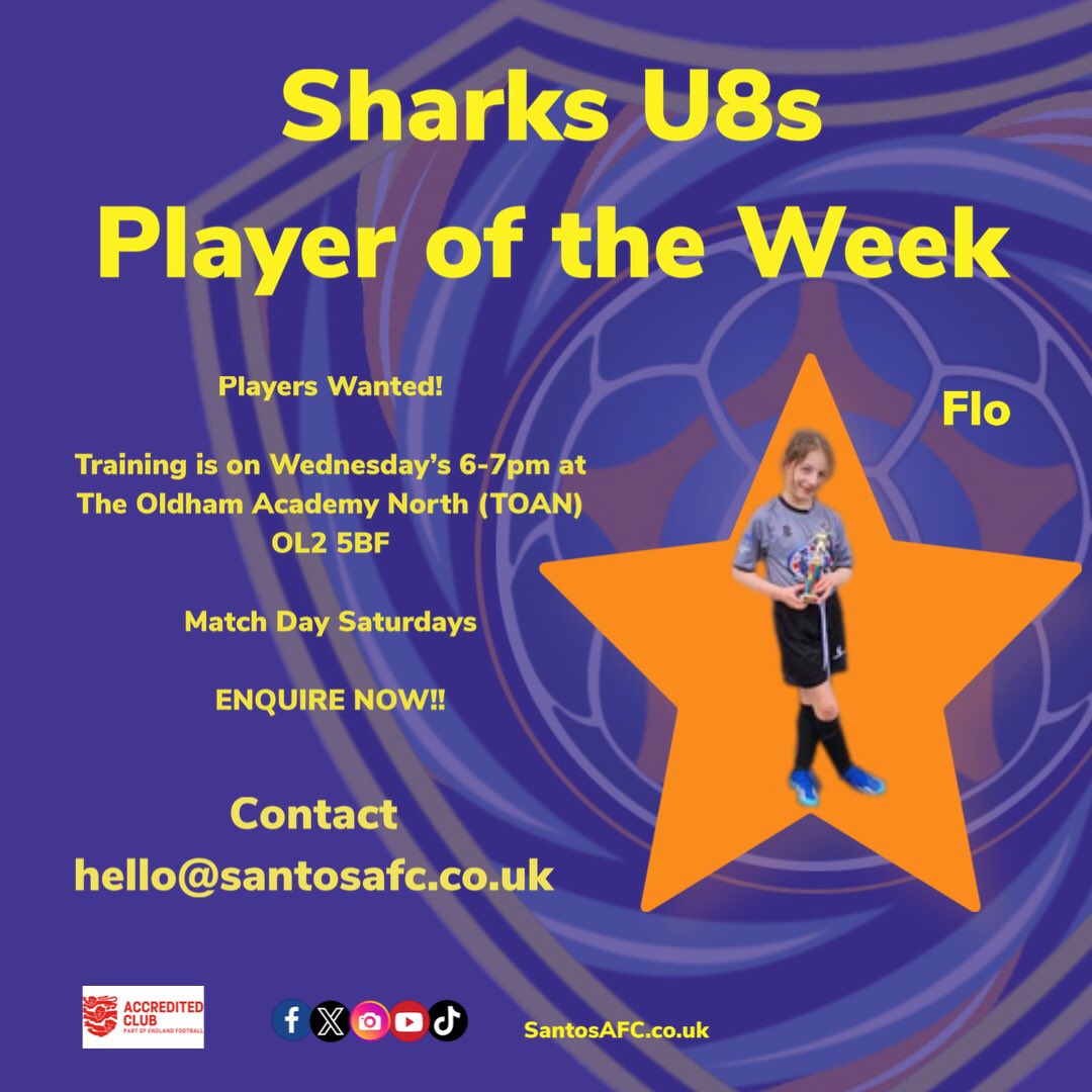 Player of the Week 
 
#SharksU8s - Flo

Keep up the good work 🏆

⚽️If you have a daughter who wants to learn football at a family friendly club please contact us via messenger or hello@santosafc.co.uk ⚽️

#SantosAFC #SantosYouth #risingstars 
#girlsfootball #hergametoo #football