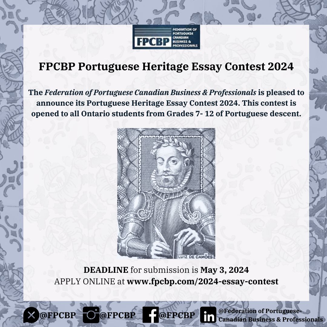 📢 Calling all Luso-Canadian Youth in Ontario! 🇵🇹🍁 The FPCBP Portuguese Heritage Essay Contest is BACK for 2024! 🎉 🏆 Multiple prizes of $250 each, generously supported by various sponsors! Awards ceremony on June 14, 2024! fpcbp.com/2024-essay-con…