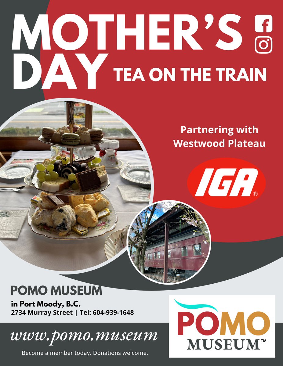 We are celebrating our Mothers Day Tea on our 1921 train! Enjoy tea, baked goods and a heart warming time with friends and family. Seating's at 11:00am- 12:00pm, 1:00pm-2:00pm, 3:00pm-4:00pm on Sunday, May 12th! Call 604-939-1648 For more information: pomo.museum/events/mothers…