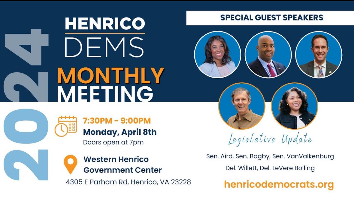 🚨Come join the @henricodems TONIGHT for a post-session legislative update with our wonderful Henrico representatives 👇🏽