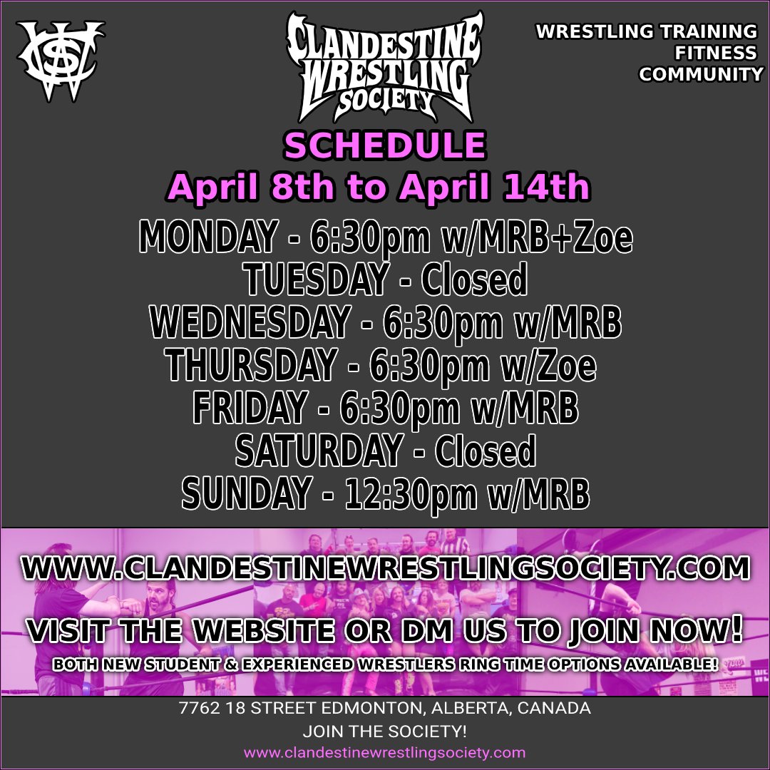 WRESTLING TRAINING! Edmonton! APRIL 8TH to APRIL 14TH SCHEDULE Mon: 6:30pm-w/MRB+Zoe Tues: Closed Weds: 6:30pm-w/MRB Thurs: 6:30pm-w/Zoe Fri: 6:30pm-w/MRB Sat: Closed Sun: 12:30pm-w/MRB Come train with us! Go to clandestinewrestlingsociety.com/joinus to join! #yeg #wrestling