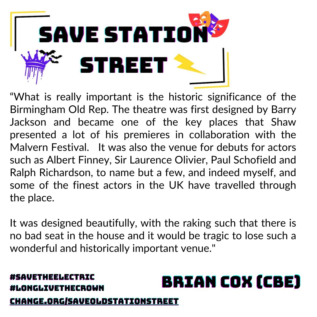 Brian Cox, acting legend & patron of The Old Rep, backs calls to #SaveStationStreet - we need security for The Old Rep - not rolling short term leases. We need to guarantee its future for generations of Brummies along with The Electric Cinema & The Crown: change.org/saveoldstation…