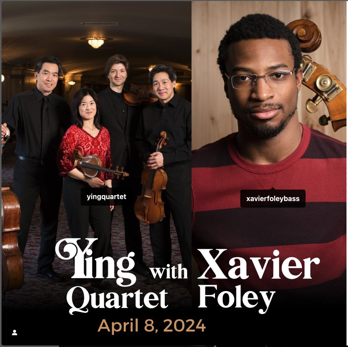 HopeAcademyArts's tweet photo. We are so thrilled to be able to see Ying Quartet &amp; Xavier Foley tonight! On WED they will be joining us for a special masterclass, workshop/rehearsal and collaborative performance. https://t.co/hNUY4tvCFE