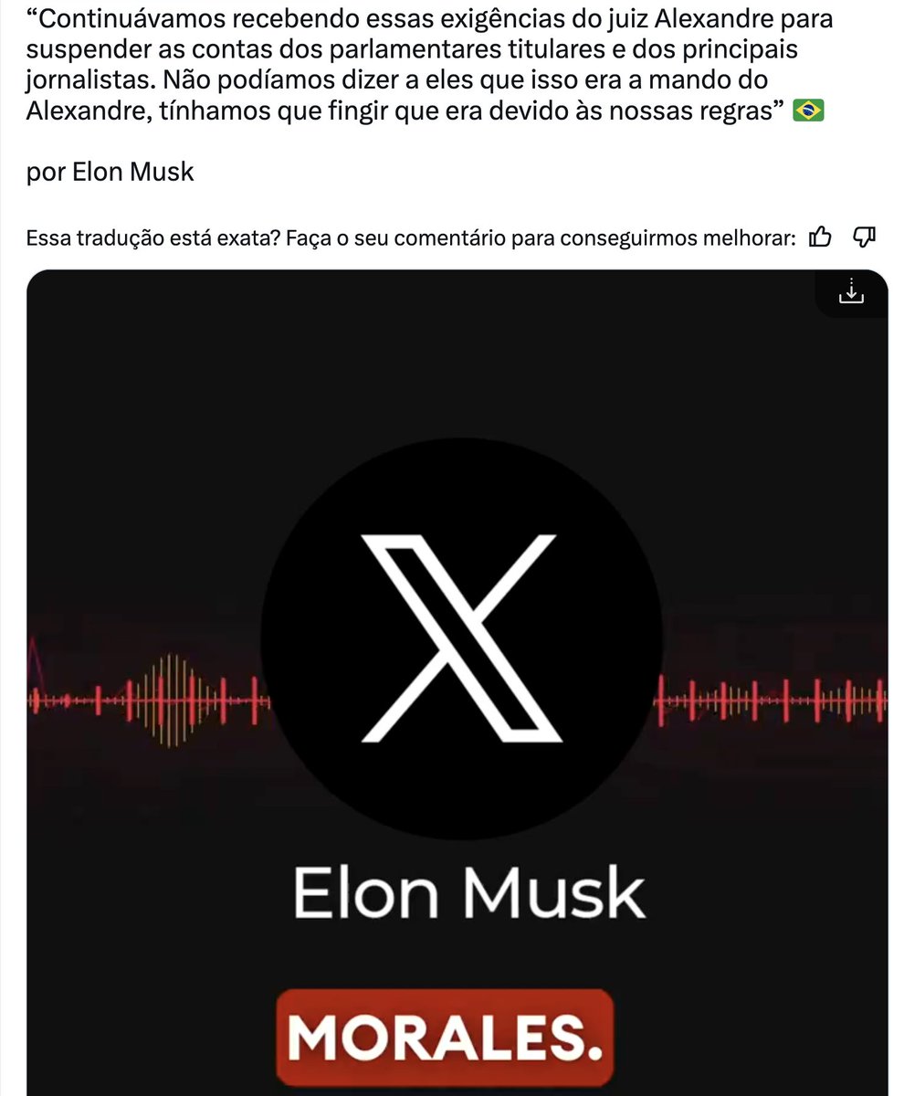 Segundo Elon Musk, o X, na época conhecido como Twitter, recebia ordens emitidas por Alexandre de Moraes para suspender contas de parlamentares e jornalistas brasileiros, acompanhadas de instruções que proibiam o X de dizer que era a mando de Alexandre de Moraes, obrigando o X a…