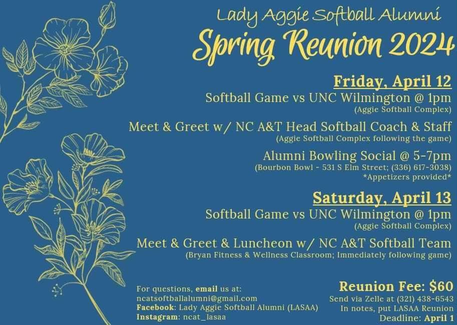 Hey there Aggie Family! Come out to celebrate Alumni Weekend back in Aggieland🏞️ The weekend is filled with socials, games, and Aggie family🐾💙 All information for participating and questions is at the bottom✅