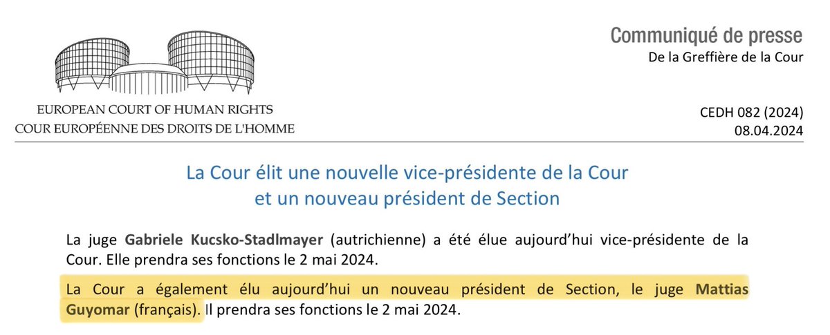 Cour européenne des droits de l’homme (CEDH) : Le juge français Mattias Guyomar a été élu président de Section à la CEDH. Cela n’était pas arrivé depuis 2000, avec Jean-Paul Costa (qui devint ensuite vice-Président puis Président de la CEDH).