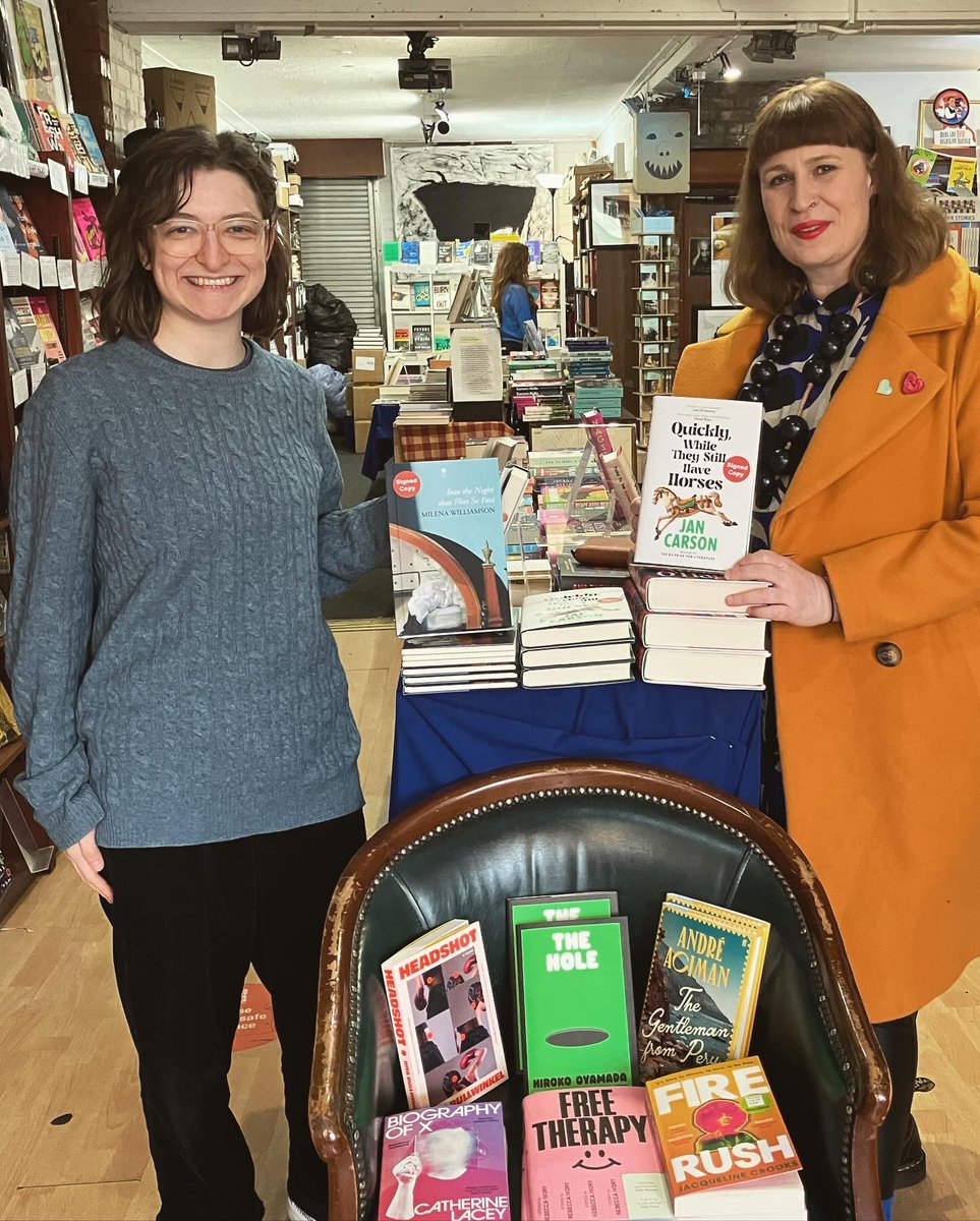 A wee run into @NOALIBISBOOKS to sign some more copies of #quicklywhiletheystillhavehorses and I bumped into @milenaevening next to her brilliant (also signed) new poetry collection