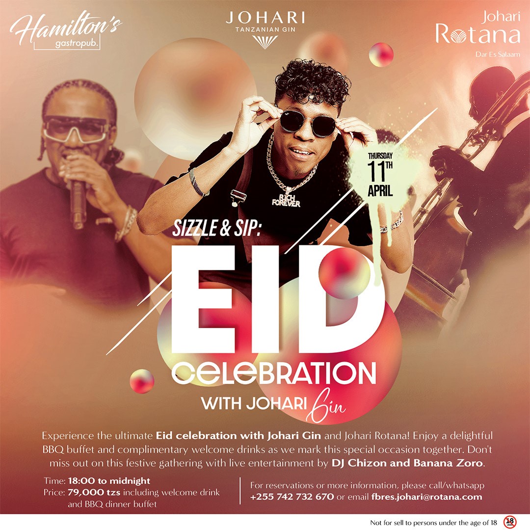 Experience an unforgettable Eid celebration as Johari Gin and Johari Rotana unite for an evening of indulgence on April 11th, from 18:00 until midnight! Enjoy an unlimited BBQ buffet paired with a refreshing welcome drink for only 79,000 TZS.  #EidCelebration #SizzleAndSip