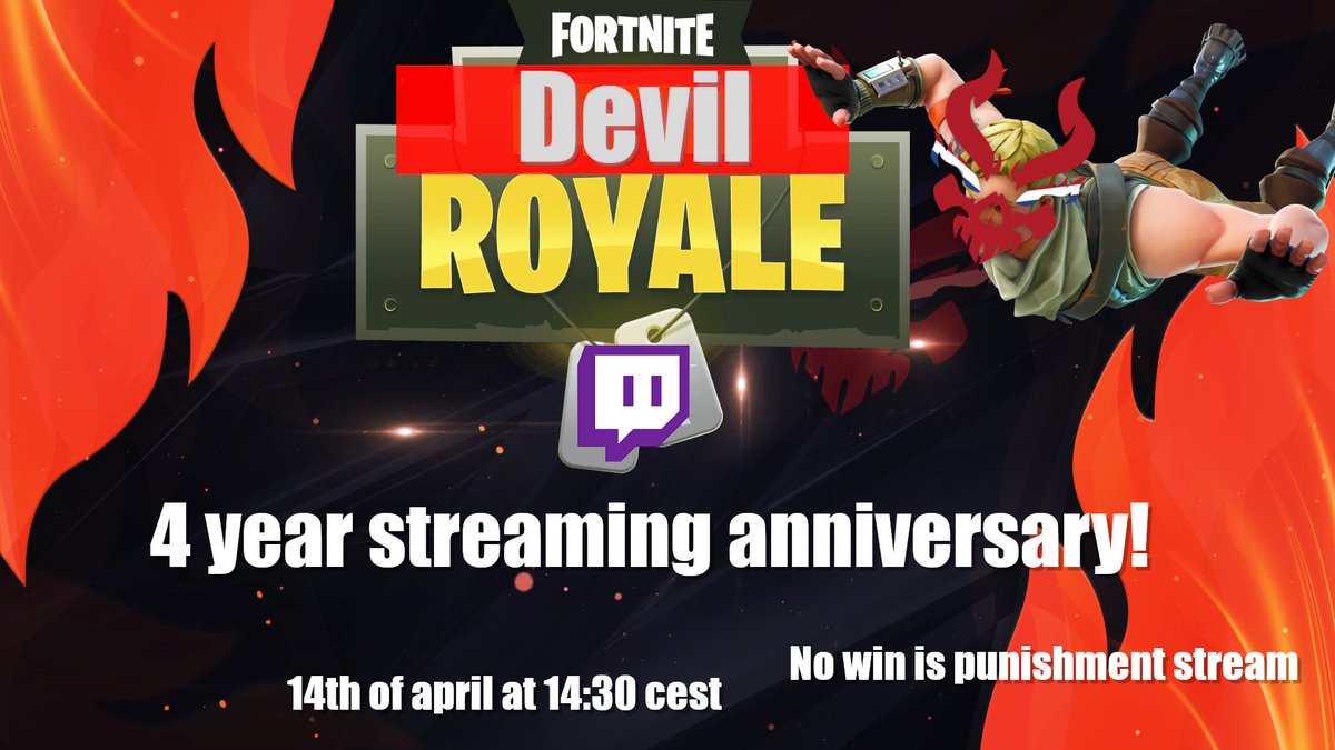 DutchGaminDevil's tweet image. This weekend it is finally time for my 4 year anniversary of streaming. This time i will play Fortnite for the first time and try to get a win. If not i will have to do a punishment stream (poll will follow if that happens). #devilarmy #anniversary