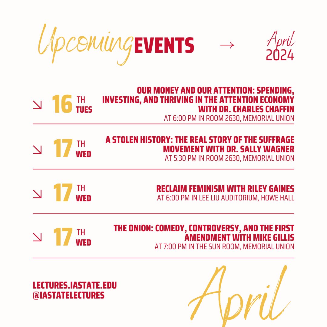 Check out this week's events:

lectures.iastate.edu/events