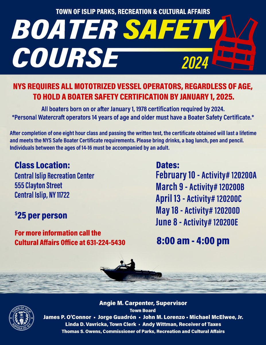 Want (need) to become a better and more knowledgeable boater? Here are upcoming boating  classes on Long Island.

#boatingeducation #boatingsafety #LongIslandBoating @BOATgsb @TownofIslip 
@CSHWhaling