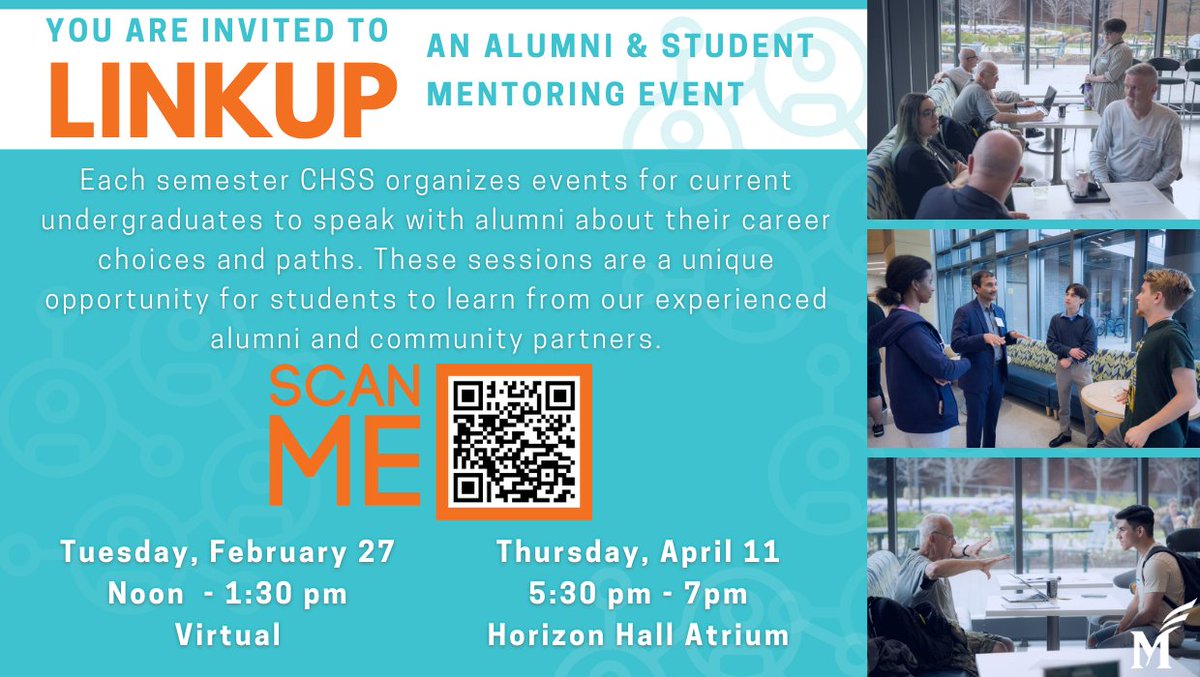 Each semester, our college organizes Linkup mentoring events for current undergraduate and graduate students to speak with alumni about their career choices and paths. Our second session is on 4/11, 5:30-7:00 p.m. in the Horizon Hall Atrium!💚💛 🔗 RSVP: chss.gmu.edu/events/15394