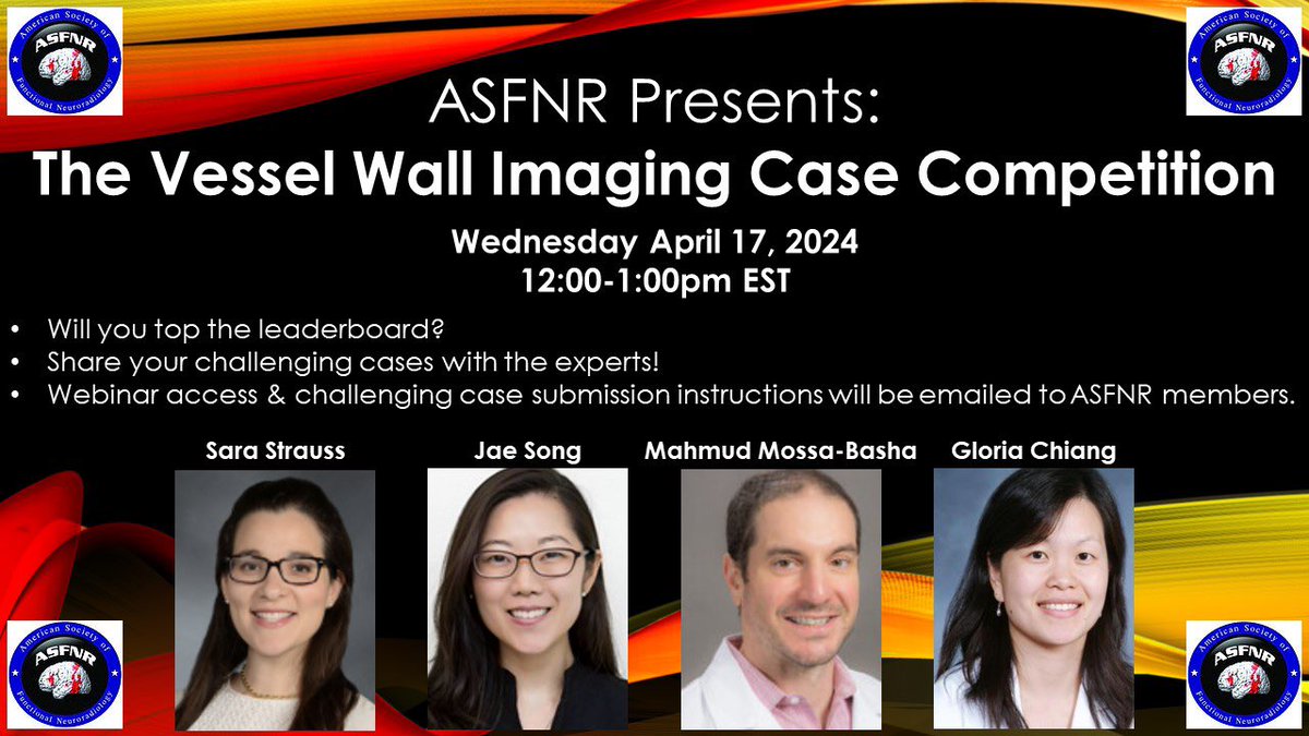 📣ASFNR Presents: The Vessel Wall Imaging Case Competition! 💪Will you top the leaderboard? 🤩Share challenging cases with experts! 🥰Webinar access & challenging case submission instructions will be emailed to ASFNR members. 😅Not a member? Join today! asfnr.org/membership-inf… 🧠