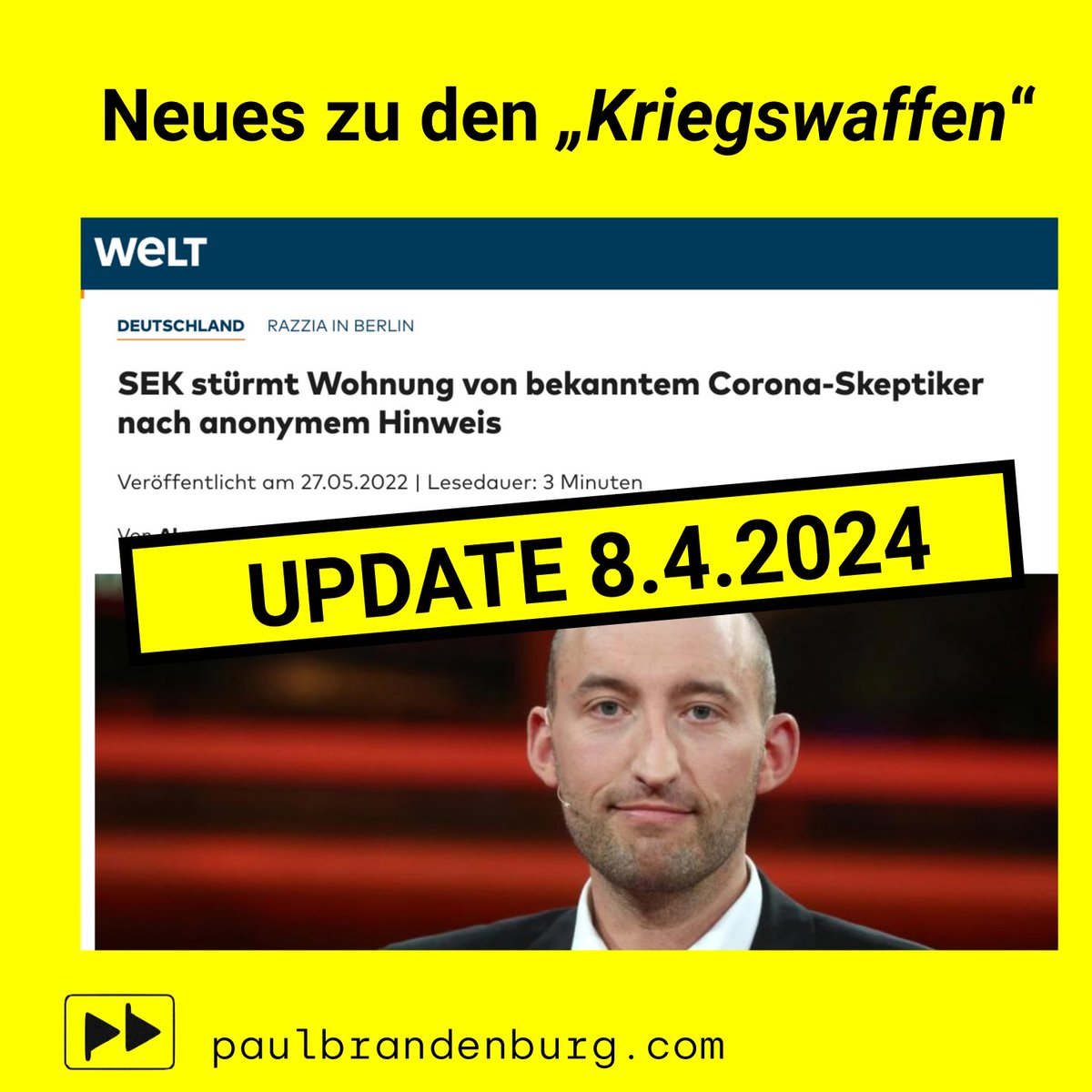 UPDATE: 'Razzia bei Berliner Arzt“ und „Waffen bei Corona-Skeptiker'

8. April 2024 - Bekanntlich verfolgt die Generalstaatsanwaltschaft Berlin @GStABerlin mich seit Mai 2022 mit dem Vorwurf, ich hätte 'illegale Kriegswaffen' besessen. Seit fast zwei Jahren hält sie mit dieser…