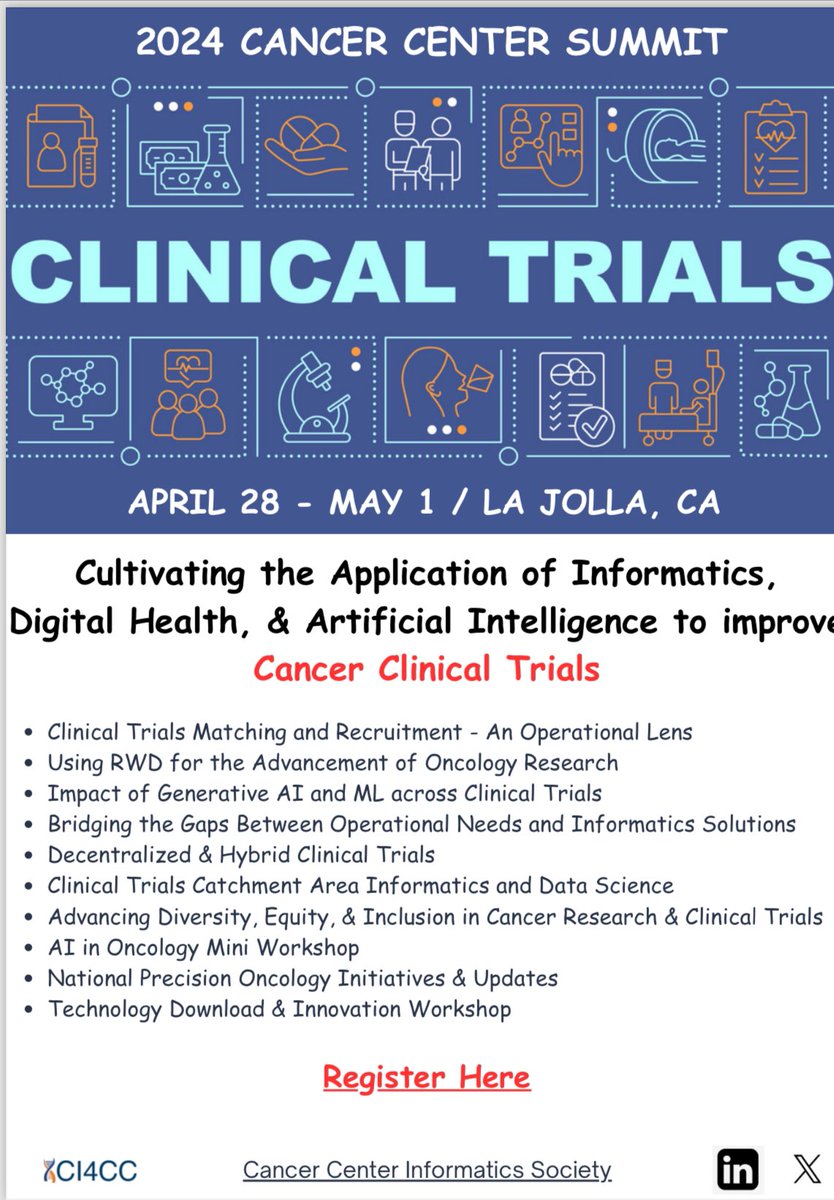 Looking forward to great speakers and important discussions on how to leverage AI and bioinformatics for expanding access to oncology clinical trials at the Ci4CC meeting in La Jolla, Ca