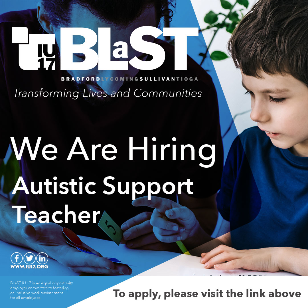 BLaST IU 17 is currently seeking an Autistic Support Teacher. This position will service the Troy Area - Jr/Sr High School. Apply today at: iu17.link/AutisticSupport