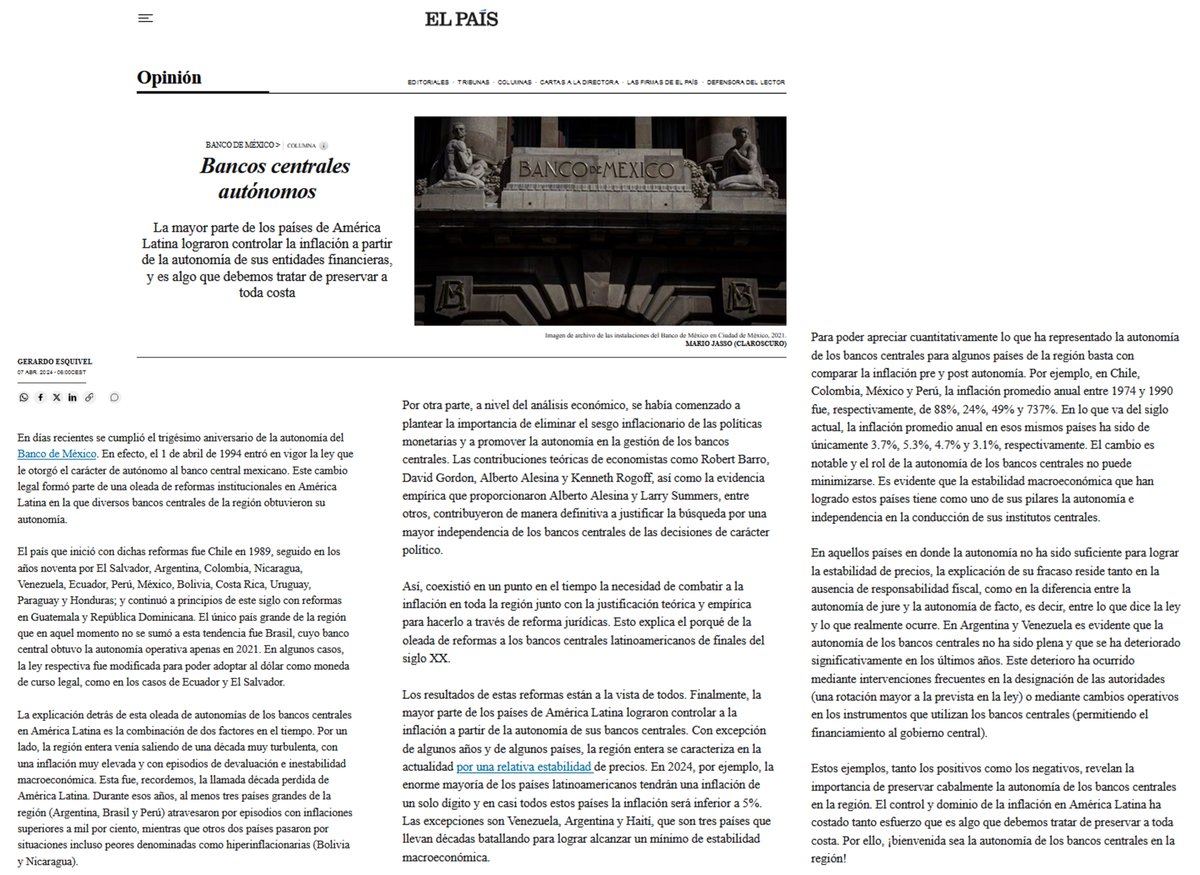 Comparto mi artículo de esta quincena en @ElpaisMX: 'Bancos centrales autónomos' elpais.com/mexico/opinion…