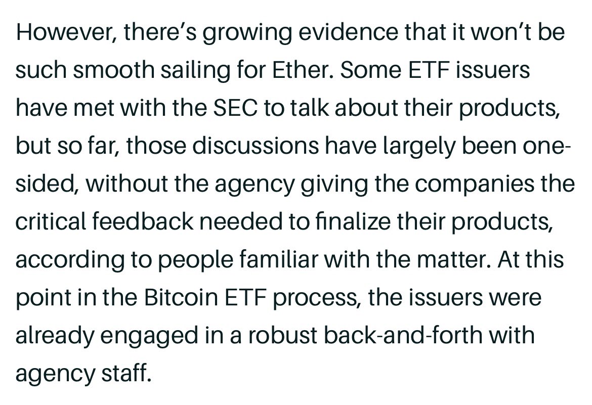 Several ETF issuers have met w/ SEC re: spot ether ETF, but according to Barron’s… “Those discussions have largely been one-sided, w/out the agency giving companies critical feedback needed to finalize their products.” May 23rd deadline quickly approaching. via @joelight