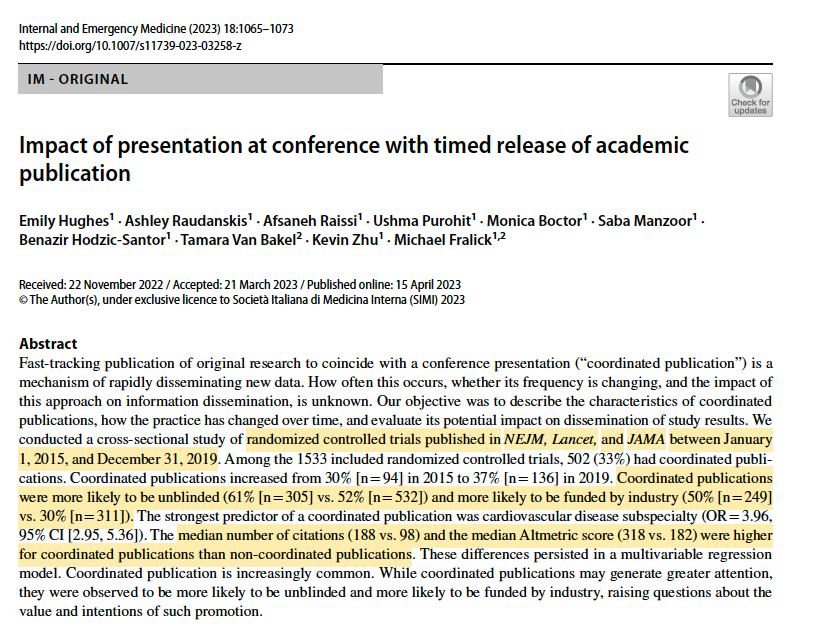 Have you noticed a lot of articles timed to publish with conference presentation? Me too! Dr. @emmy_hughes, me, others studied this. Top line results - journals know what they are doing😉 timed pubs get way more citations + much more media attention! pubmed.ncbi.nlm.nih.gov/37060421/