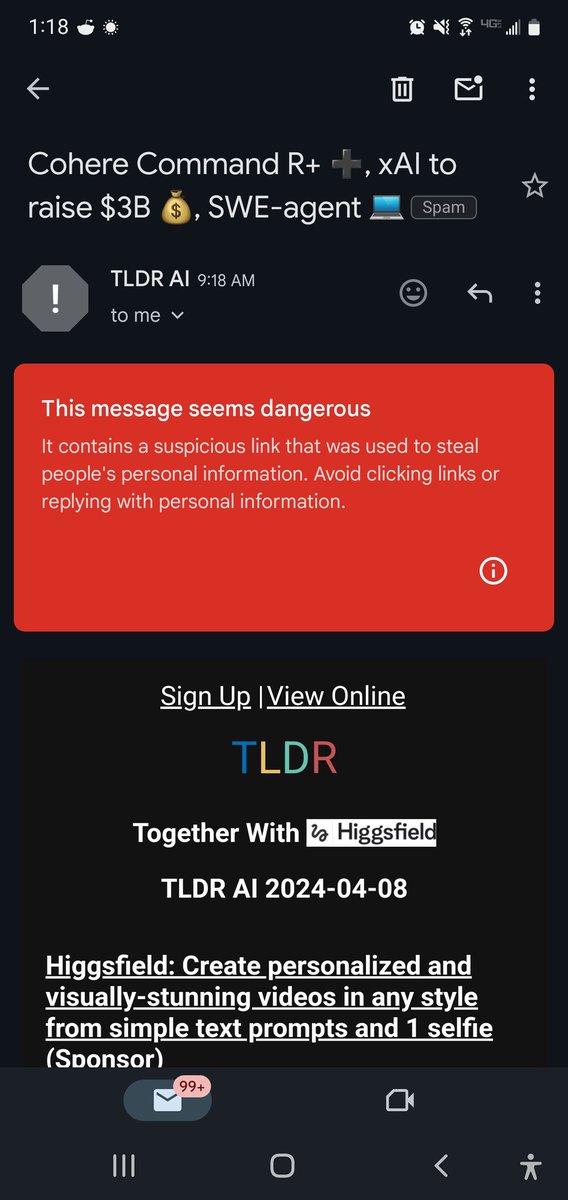Hey @tldrnewsletter usually if something goes to spam in Gmail you can report not spam. Not even an option on last 2 TLDR AI emails.