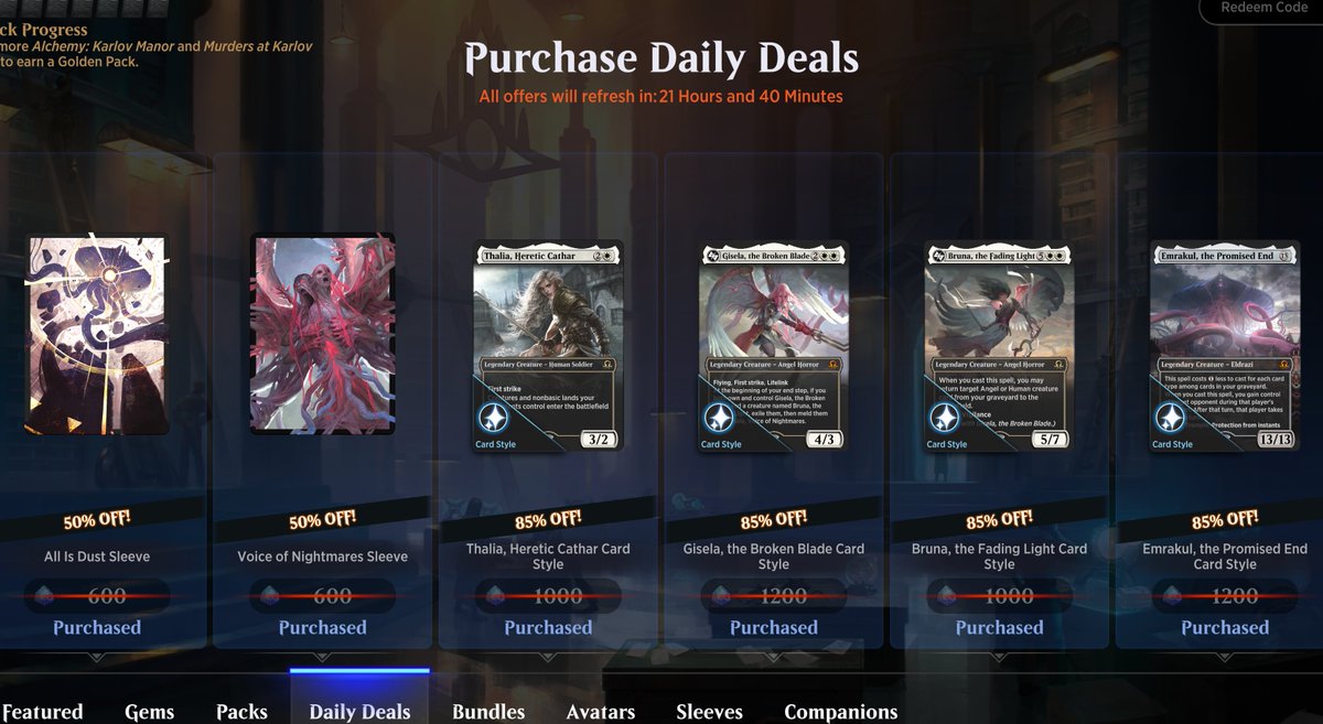 Amazing Daily Deal! I love Bruna and Gisela, but to also get Voice of the Nightmare Sleeves... W's!!!!
#MTG #MTGArena #dailydeal #Angels #Bruna #Gisela