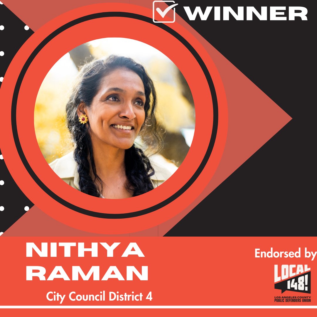 Congratulations to @nithyavraman on winning her reelection! There is much more work to be done to build a more just LA, and we look forward to seeing what Nithya will accomplish in her next term.
