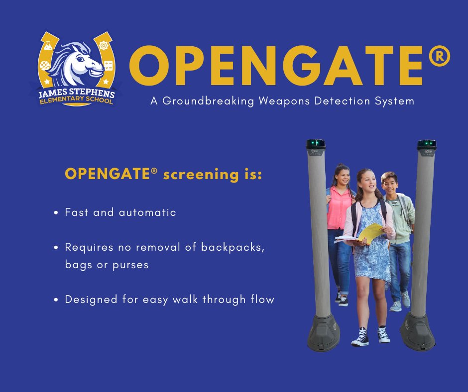 JSEMustangs's tweet image. Attention Mustang Families: To enhance the safety and security of our school, we will start using the OPENGATE® system. OPENGATE® is designed for the screening of bags. While it may take a short time to get used to, we are confident it will not cause any delays.💛🐴💙