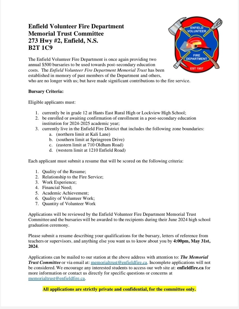If you or anyone you know are interested Enfield Vol. Fire Dept. Bursary, please read the following