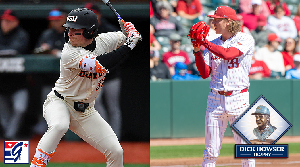 Our @HowserTrophy National Players of the Month for April ... Hitter: IF Travis Bazzana @BeaverBaseball Pitcher: LHP Hagen Smith @RazorbackBSB Complete release: ncbwa.com/a/0e1a5a78