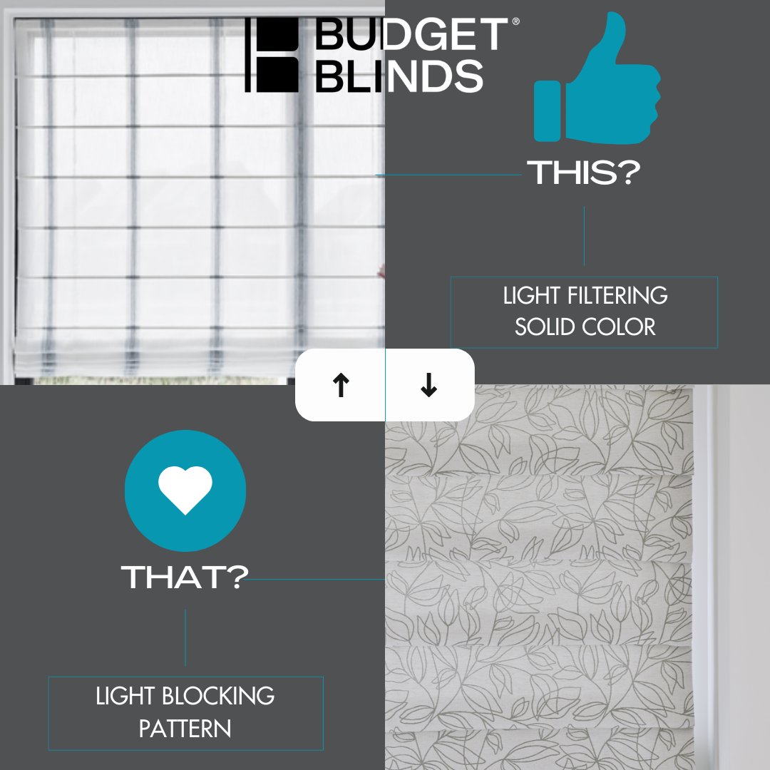 🤔 It's #ThisOrThatThursday time, Southern Arizona! 🌵 Would you rather go for the breezy vibes of light filtering solid color roman shades or opt for the cozy darkness of light blocking patterned roman shades? #ThisOrThat #RomanShades #BudgetBlinds #SierraVista 🛋️🌟